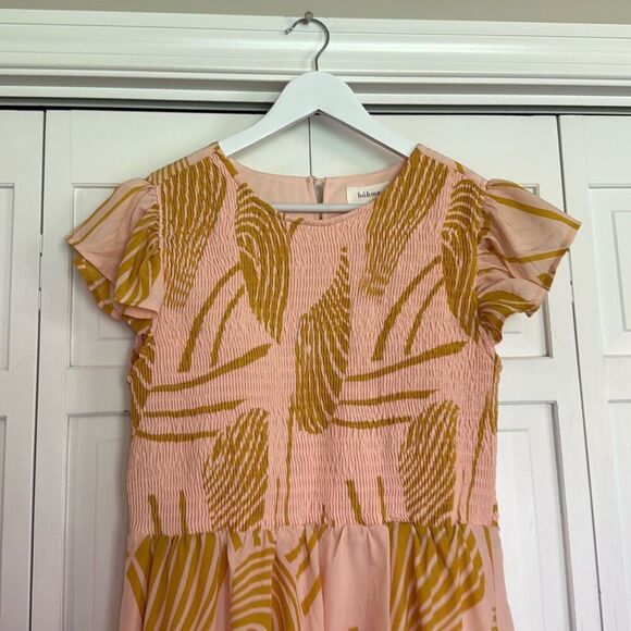Bohme NWT pink floral smocked ruffle sleeve midi dress M - Picture 4 of 13